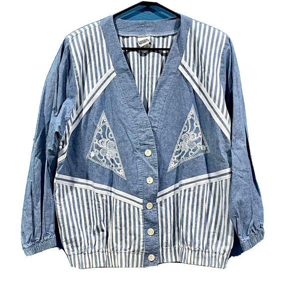Vintage Jackets & Blazers - Vintage 80s Blue White Striped Cotton Pearl Button Oversized Jacket Women Medium